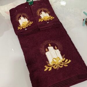 Christmas Burgundy Hand Towels with Candle Design